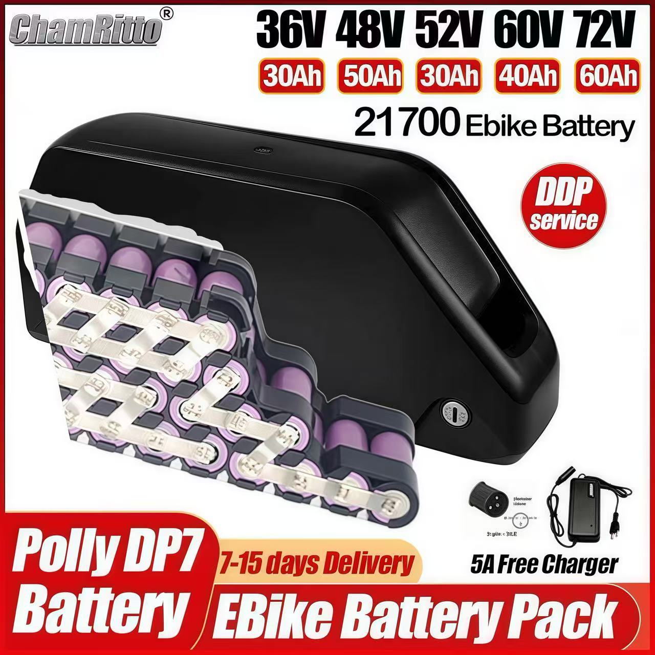 72V 50Ah 21700 Lithium Battery - Hailong E-Bike 36V 48V 52V 60V